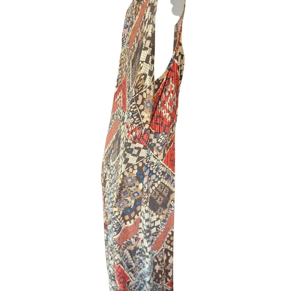 Susan Lawrence Brown Orange Geometric Maxi Dress Sz 2X Stretchy V Neck